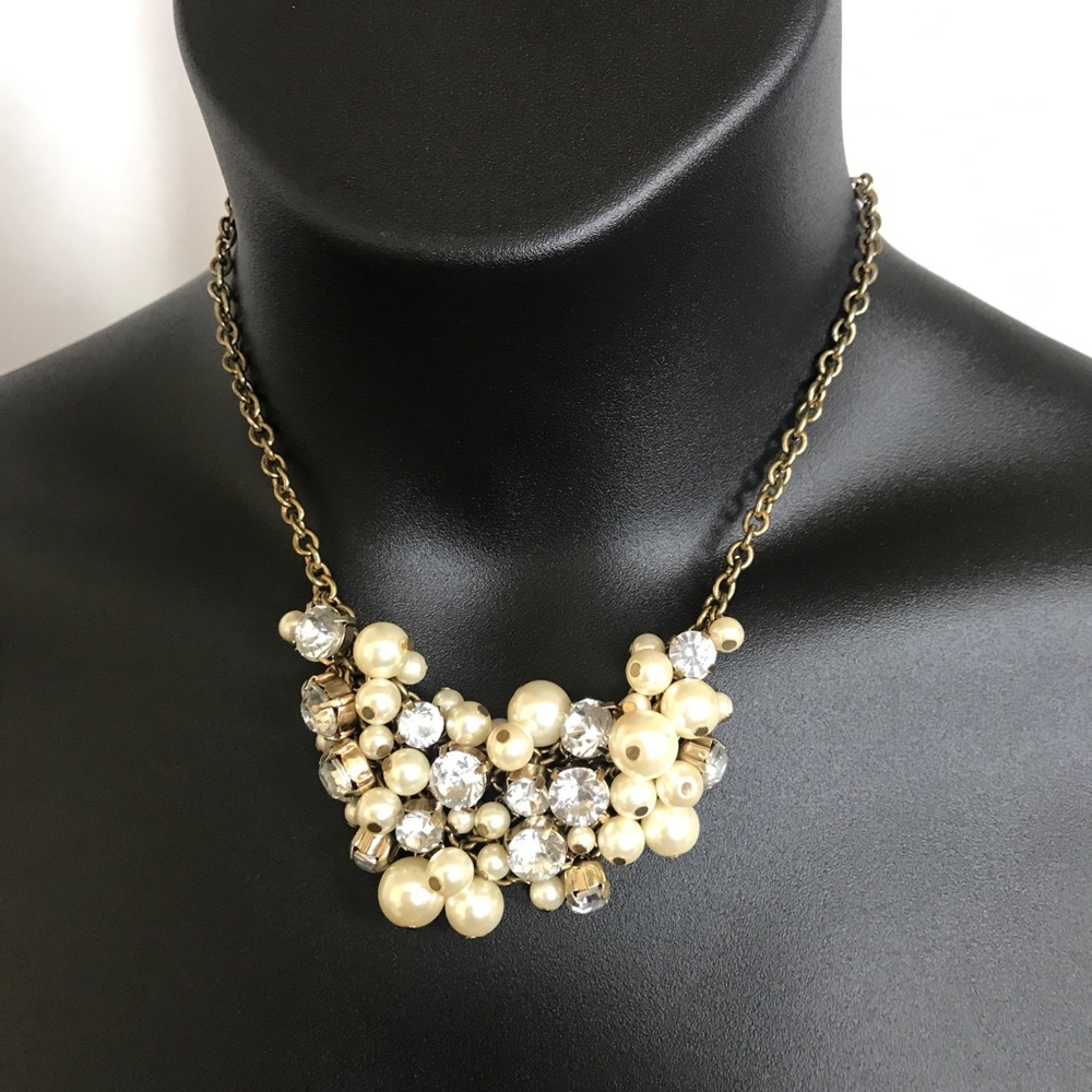 Pearl and Faux Diamond Cluster Bib Necklace